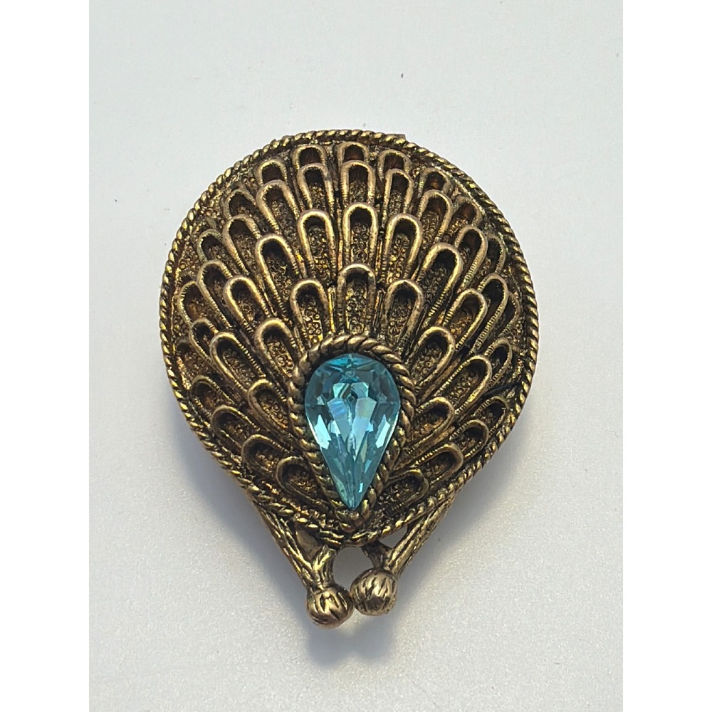 Vtg 60s Gold Tone Peacock Feather Pill Box Blue Rhinestone Trinket Case Ornate